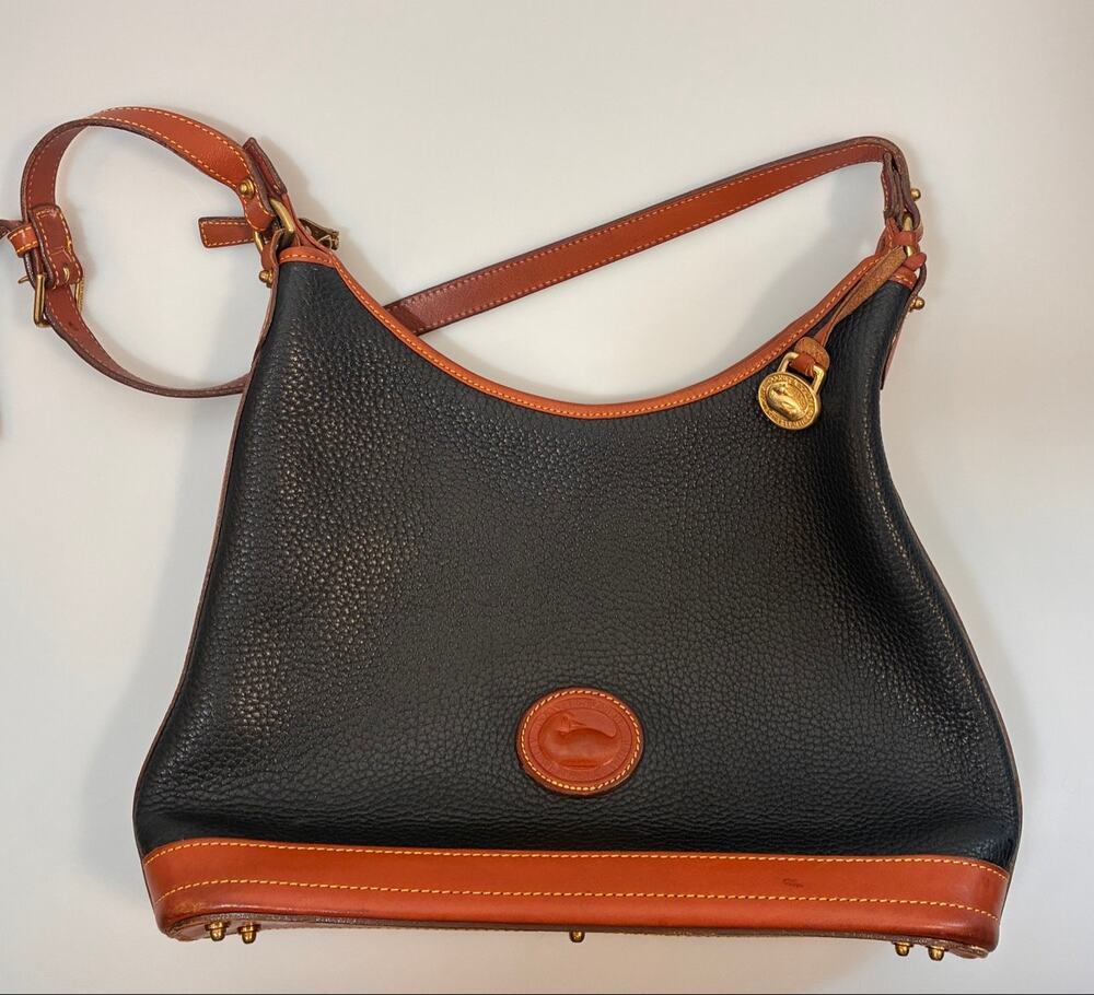 Vintage 90s Dooney & Bourke AWL Hobo Shoulder Bag Black British Tan Made in USA